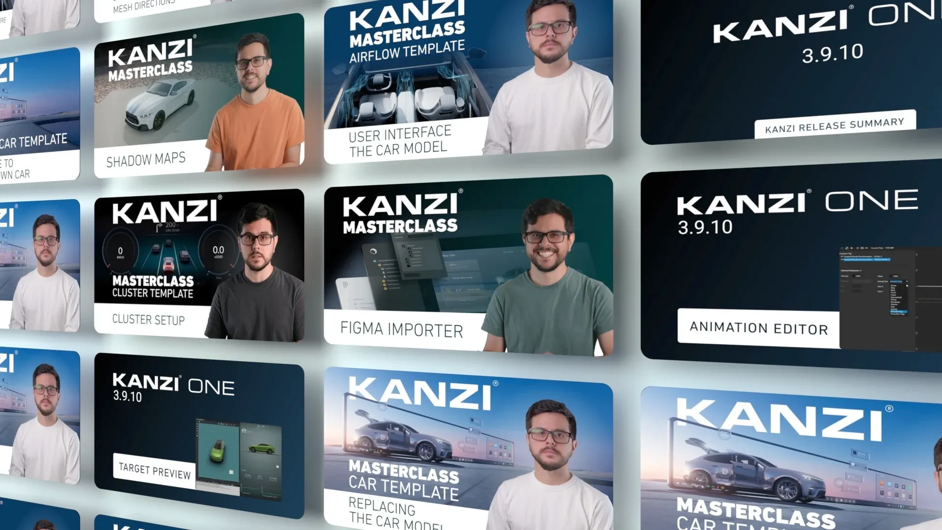 A selection of Kanzi software tutorial video thumbnails.